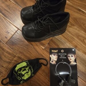 Platform sneaker shoes, neck bolt, mask for Frankenstein costume